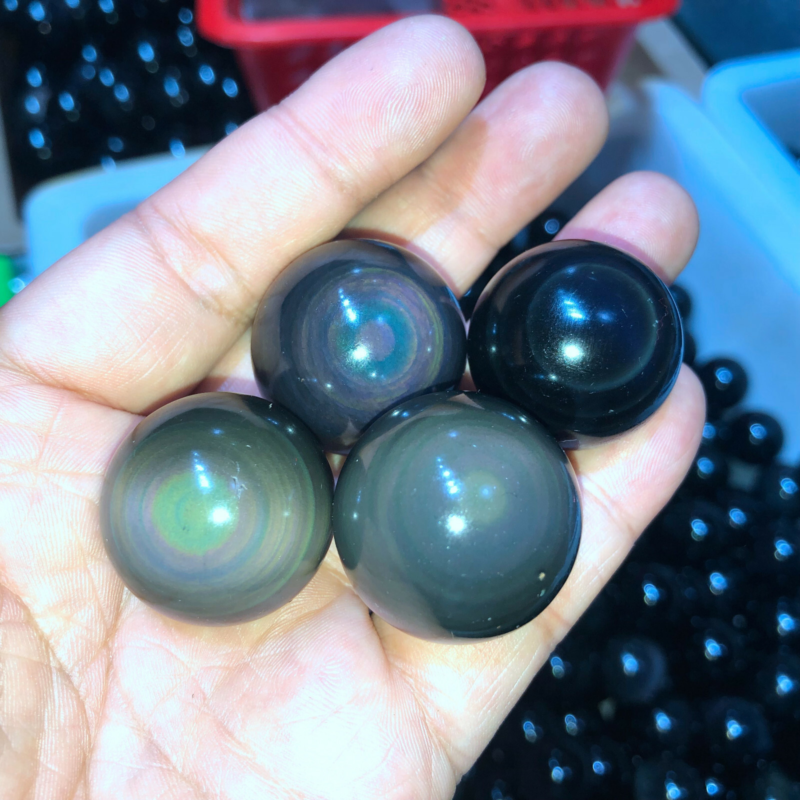 Rainbow Natural Unique Cats Eye Obsidian Quartz Crystal Sphere Ball