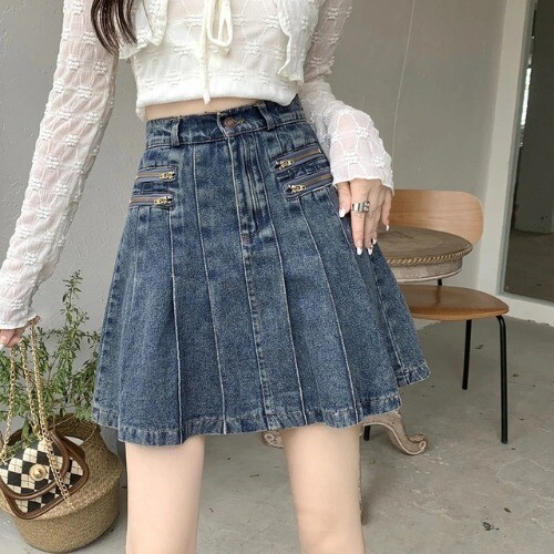 Kawaii Girl Hot sweet DenimSkirt Pleated Casual High Waist A Word Short Skirt