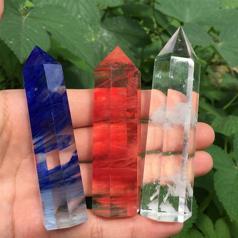 3PC Red+Blue+Clear Melting Stone Obelisk Quartz Crystal Wand Point Decoration