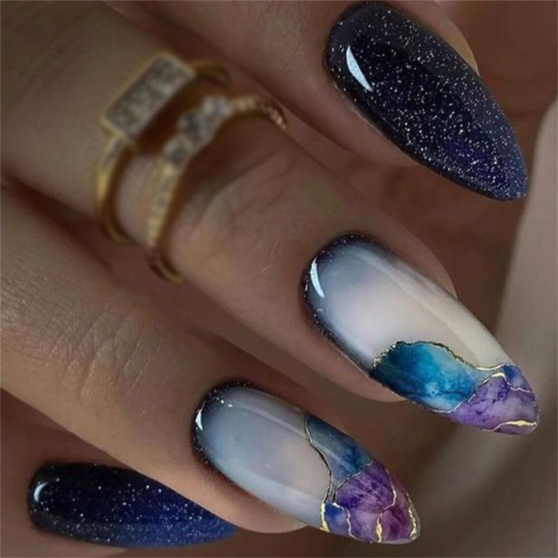 Colorful Blooming False Nail Short Almond Press on Nails for Nail Art 24pcs