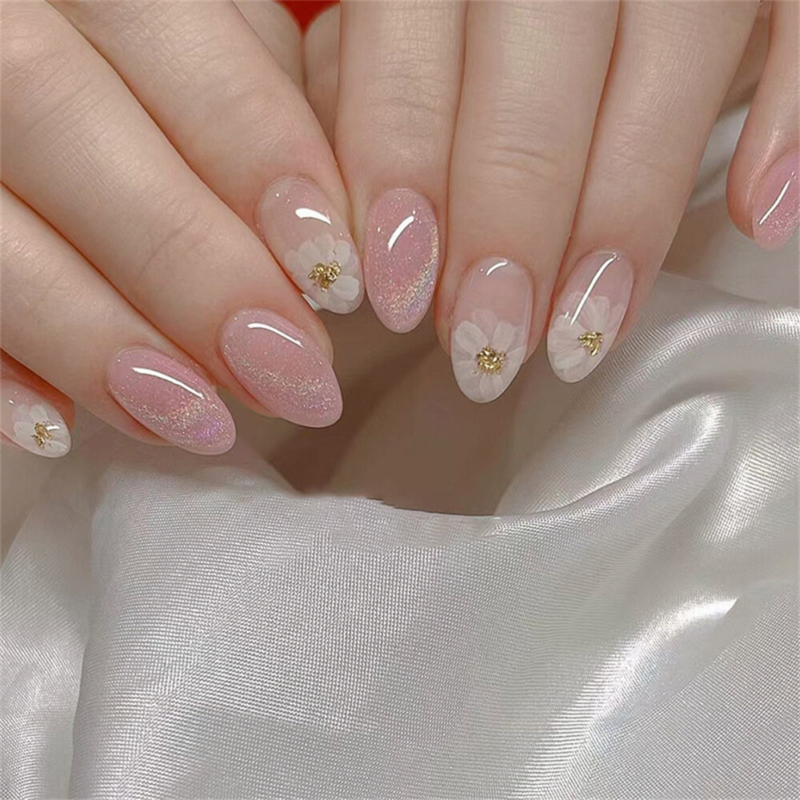 24pcs Dream Glitter Pink False Nail Almond Short Press on Nails for Nail Art