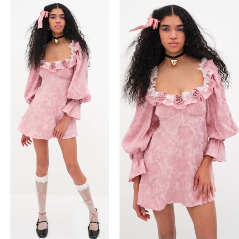 NWT For Love and Lemons Pink Rosalia Ruffle Floral Jacquard Mini Dress Size M