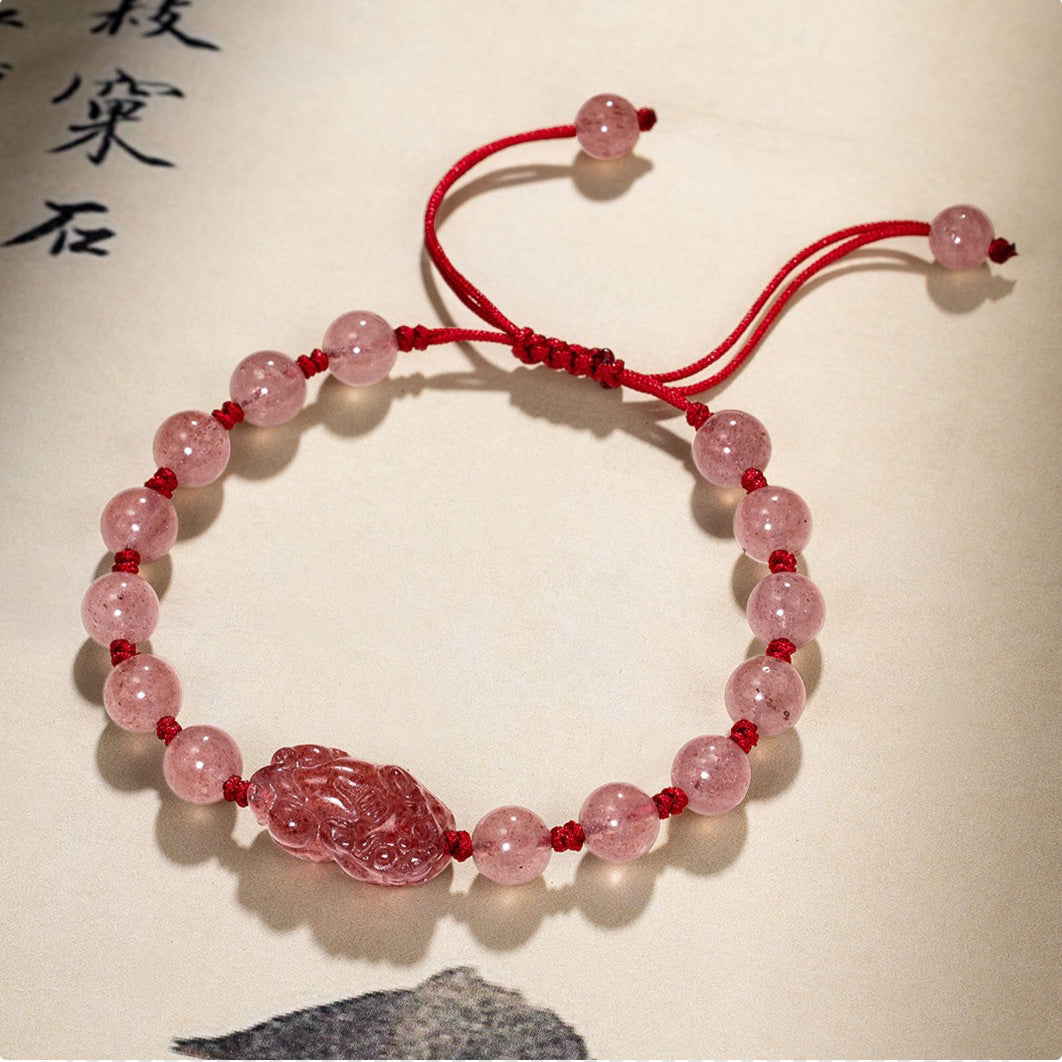 Natural Strawberry Quartz Women's Hand-Knitted Rope Couple's Gold Obsidian Pi Xiu Bracelet Men's and Women's Light Luxury Single Circle Court Bracelet
