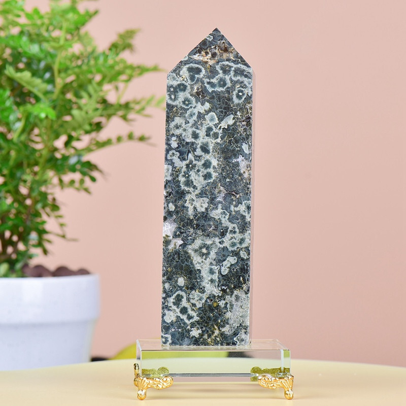 1.34LB Natuar Ocean Jasper Crystal Obelisk Point Wand Stone Quartz Healing