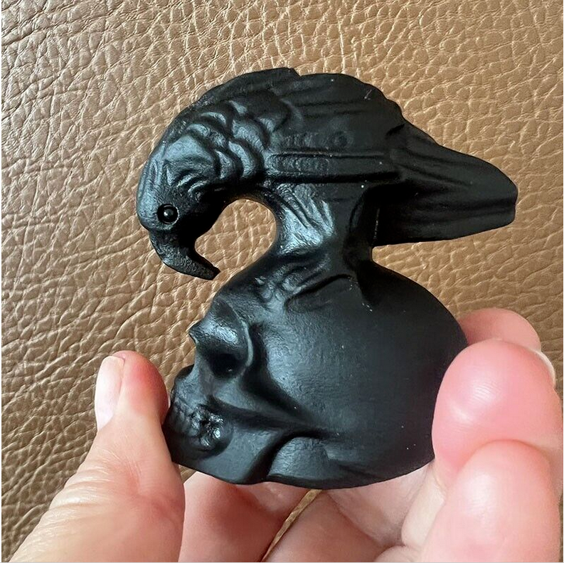 TOP ! Natural Obsidian Hand Carved Crow Skull Crystal Quartz Reiki Healing 1PC