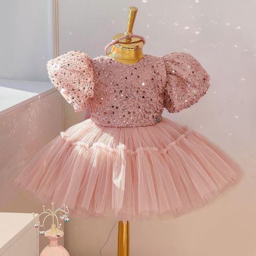 Baby Champagne Baptism Dress Cute Girl Sequin Puff Sleeve Fairy 1 Year Birthday