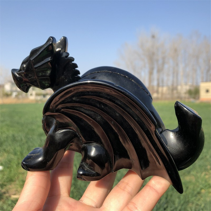 0.63kg Natural obsidian Quartz hand Carved Flying dragon crystal Reiki healing