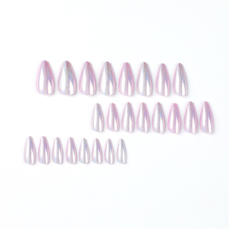 Laser Purple Aurora False Nail Short Almond Press on Nails for Nails Art 24pcs