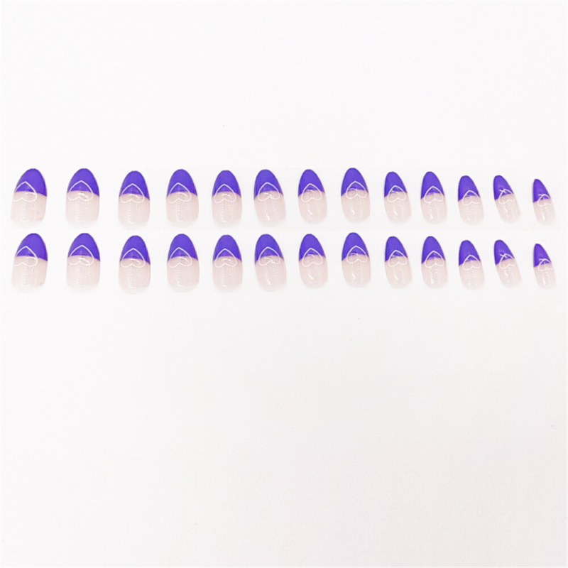 Purple Heart Winter False Nail Short Almond Press on Nails for Nails Art 24pcs