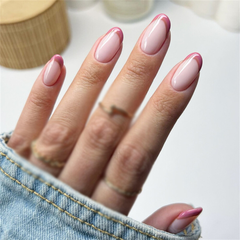 French Tips Pink Color False Nail Short Almond Press on Nails for Nail Art 24pcs
