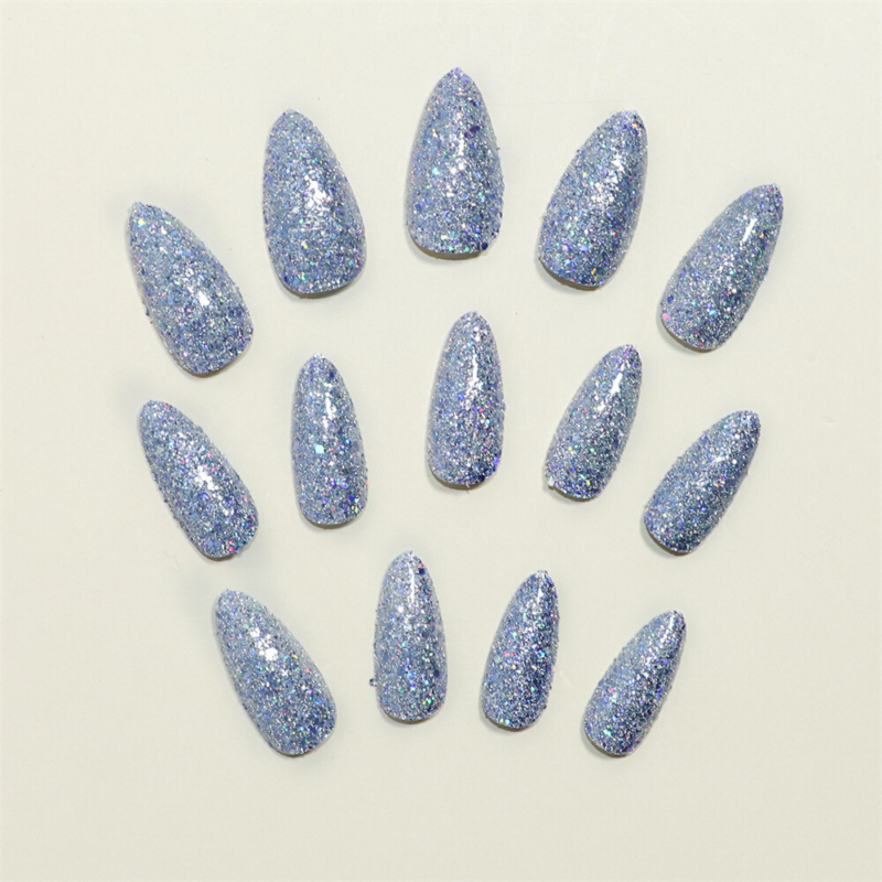 Sparkly Gray Blue False Nail Long Almond Press on Nails for Nail Art Decor 24pcs