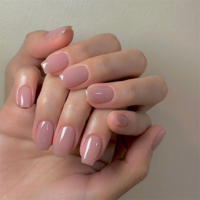 Nude Color Glossy False Nail Short Square Press on Nails for Nail Art 24pcs