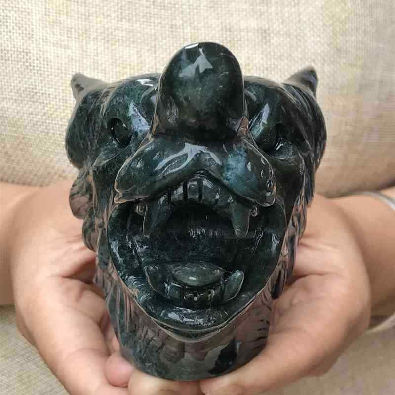 0.77kg Natural moss agate Wolf skull carved Quartz Crystal skull Healing