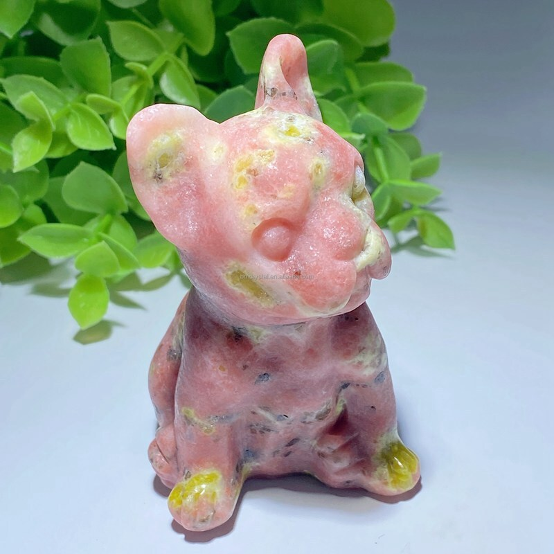Natural Quartz Crystal Carved Rough Stone French Bulldog Healing Animal Decor