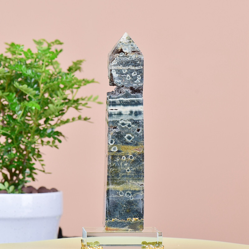 2.27LB Natuar Ocean Jasper Crystal Obelisk Point Wand Stone Quartz Healing