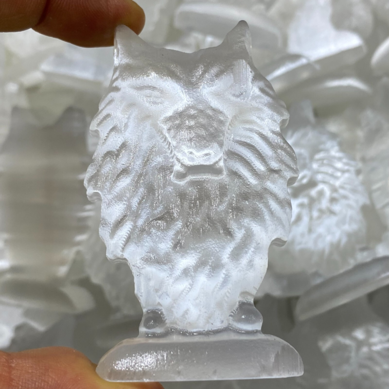 2"+Natural Gypsum Selenite Wolf Hand Carved Quartz Crystal Reiki healing 1PC