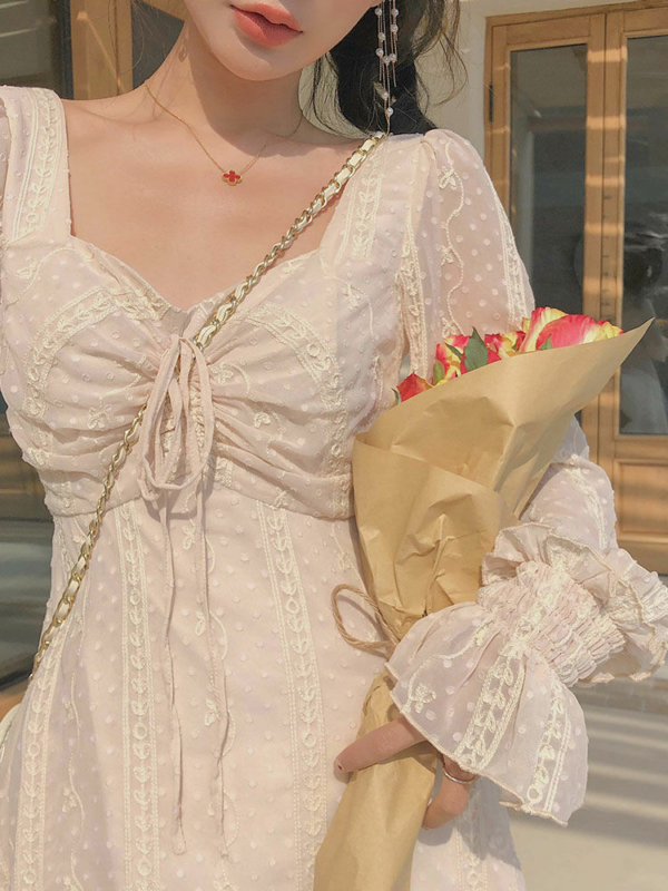 Vintage Fairy Dress Women Elegant Chiffon Dress Long Sleeve French Party Midi