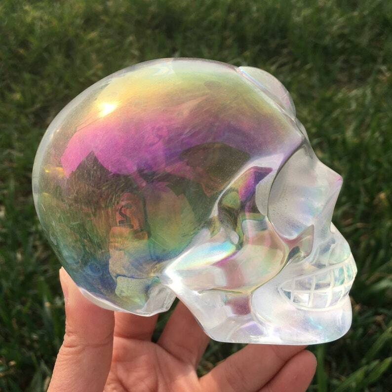 Rainbow Titanium Aura Clear Melting Stone Skull Reiki Heal Crystal sculpture
