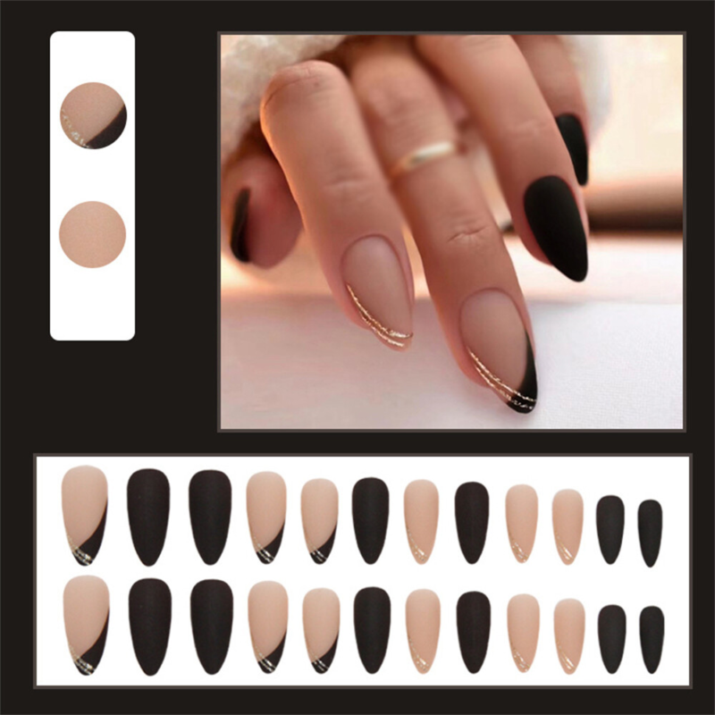 Cool Black French False Nail Short Almond Press on Nails for Nail Art 24pcs