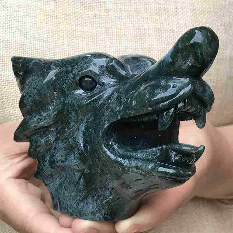 0.77kg Natural moss agate Wolf skull carved Quartz Crystal skull Healing