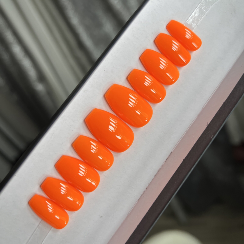 CUSTOM Gel Press On Nails, BLAZING ORANGE , Ballerina short, 10p Set W KIT
