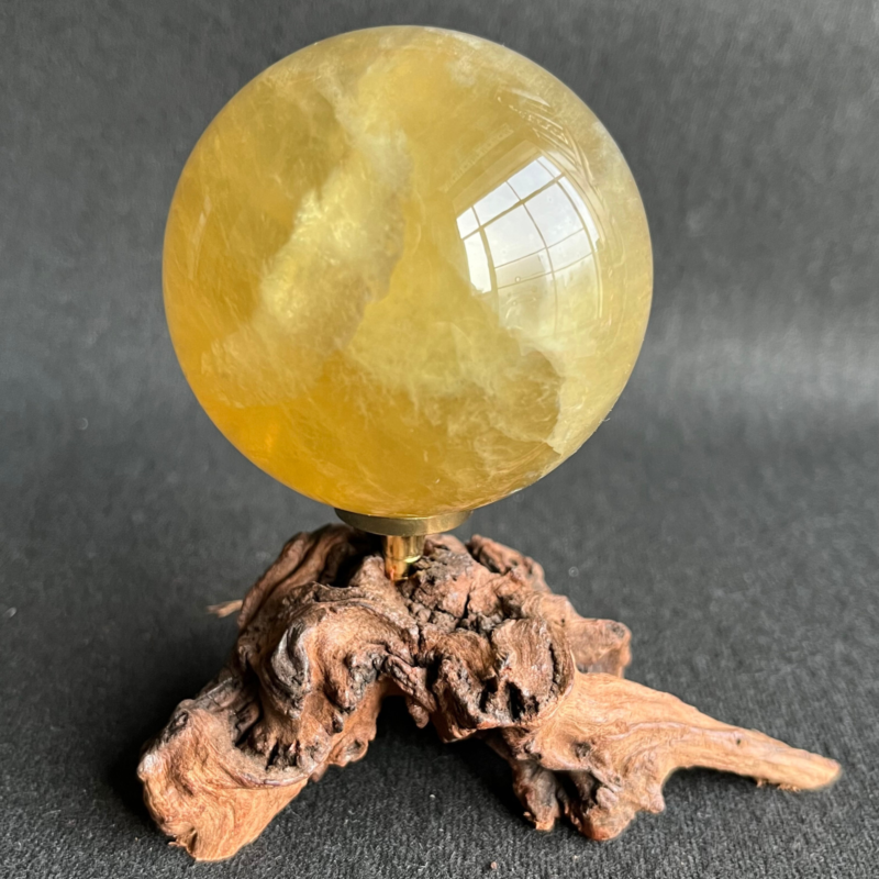 299G Natural yellow fluorite quartz crystal ball sphere healing + Stand