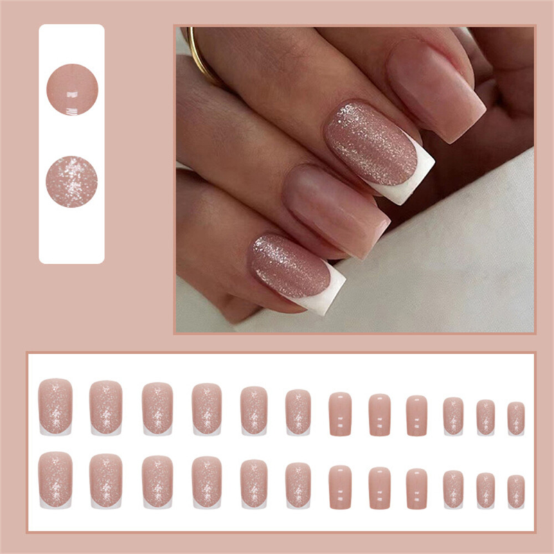 Nude Color Sparkly False Nail Medium Square Press on Nails for Nail Art 24pcs
