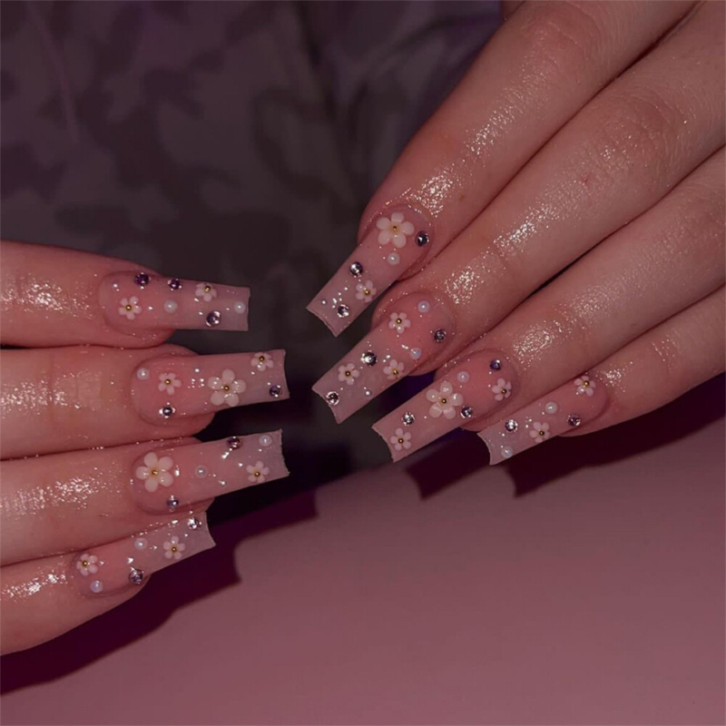 Nude Color Flowers False Nail Long Square Press on Nails for Nail Art 24pcs