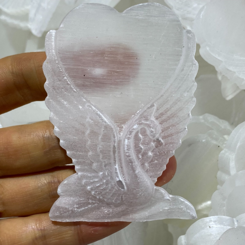 2.5”+ Natural Gypsum Selenite swan Hand Carved Quartz Crystal Reiki healing 1PC
