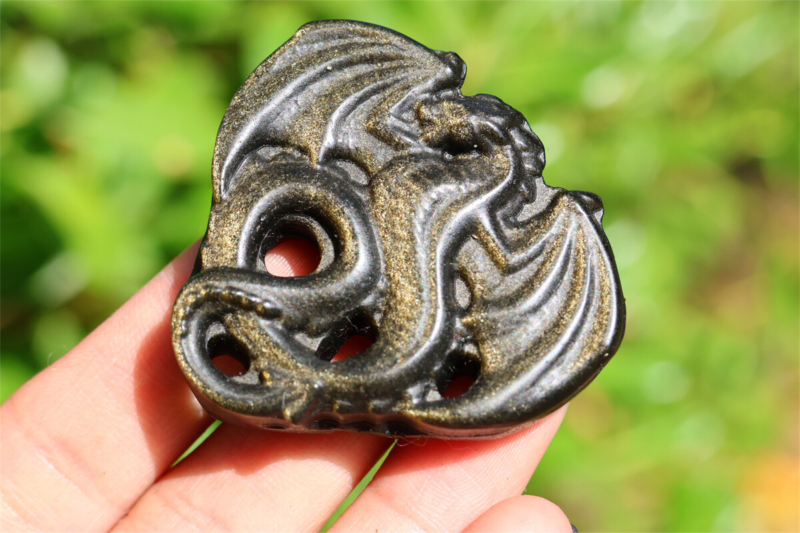 1.9" Hand Carved Natural Gold obsidian dragon Reiki Crystal Skull decor 1PC