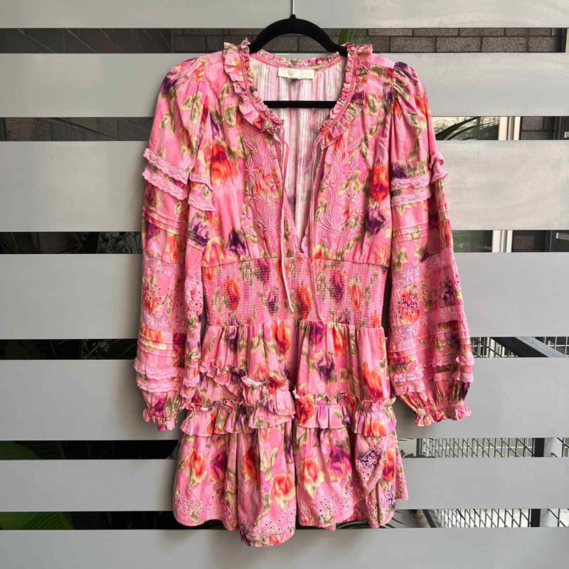 NEW LoveShackFancy 'Clarkie' Pink Embroidered Lace Mini Dress Size XS