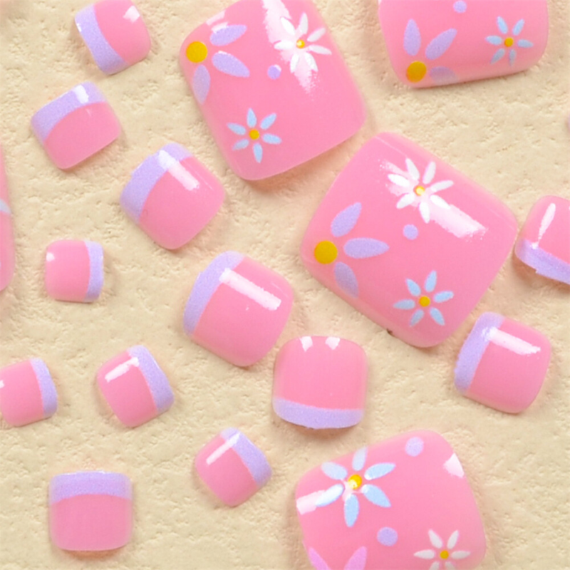Summer Pink Toe Press-On Fake Nail Colorful Flowers Purple French Pedicure 24pcs