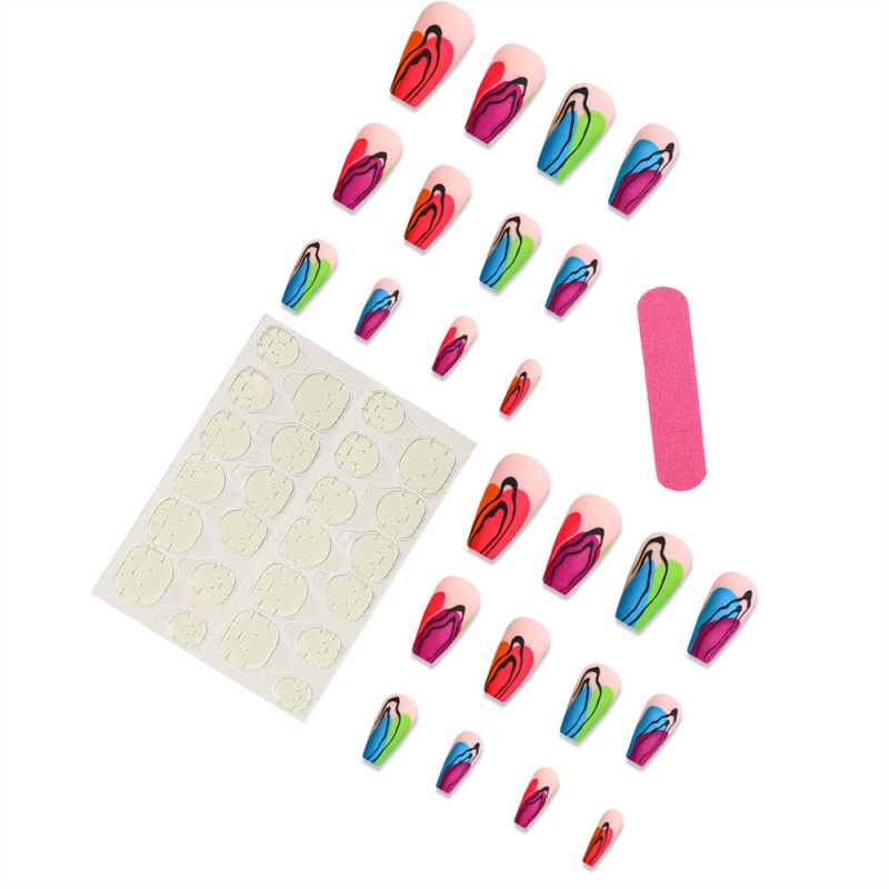 Coffin Medium False Nail Colorful Graffiti Press on Nails for Nail Art 24pcs