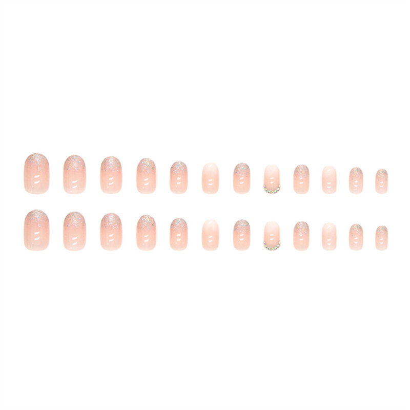 Glitter Gradient Pink False Nail Short Almond Press on Nails for Nail Art 24pcs