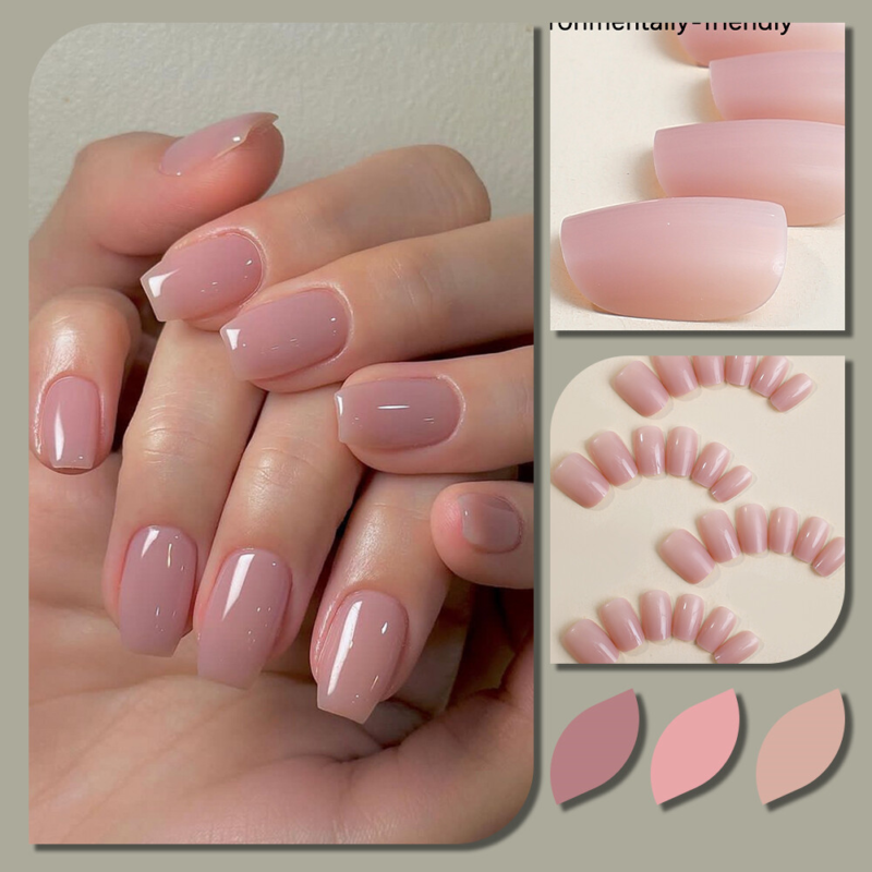 Nude Color Glossy False Nail Short Square Press on Nails for Nail Art 24pcs
