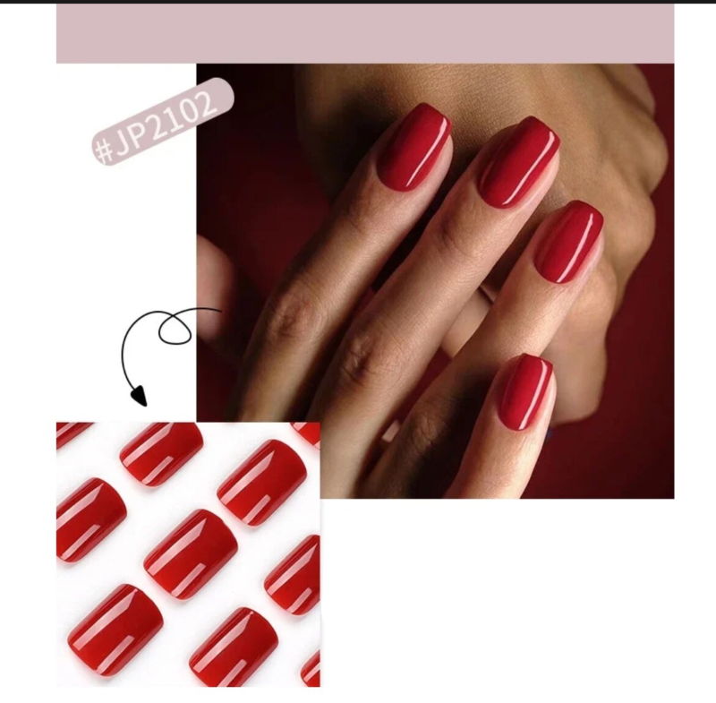 24 Press On False Nails Sticky Tabs Reusable Mid Length Square Tips FULL COLOUR