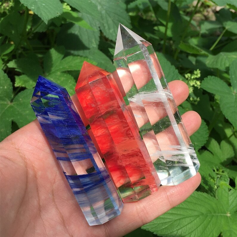3PC Red+Blue+Clear Melting Stone Obelisk Quartz Crystal Wand Point Decoration