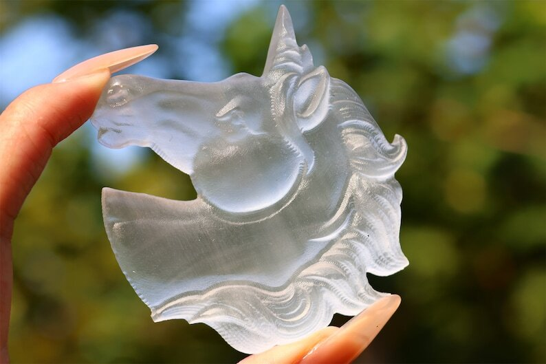 3.1" Gypsum Unicorn Natural Hand Carved Crystal Skull Reiki Crystal Decor 1pc