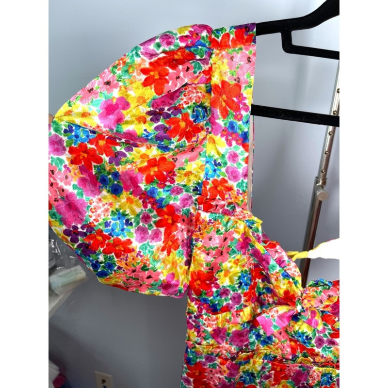 For Love & Lemons Merrill Floral Puff Sleeve Mini Dress in Red Size 1X