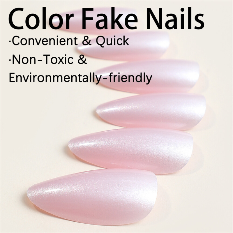 Metallic Shimmer False Nail Short Almond Press on Nails for Nail Art Decor 24pcs