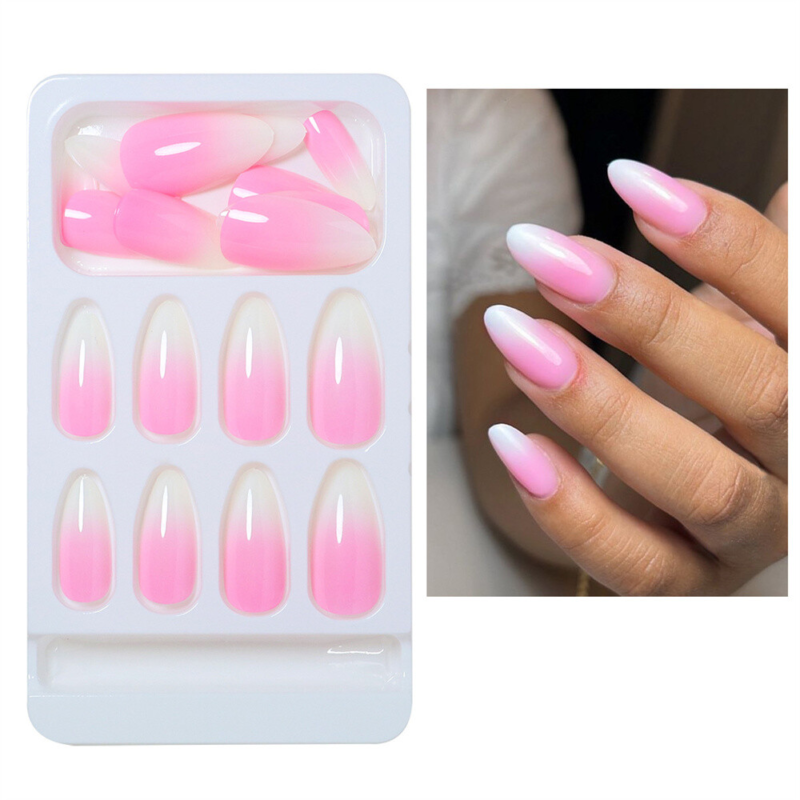 White Pink Gradient False Nail Short Almond Press on Nails for Nail Art 24pcs