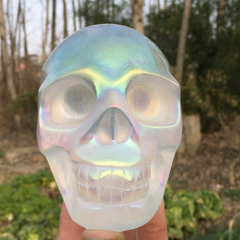 Titanium Rainbow Clear Melting stone Crystal Skull Reiki Heal Mineral Sample 1PC