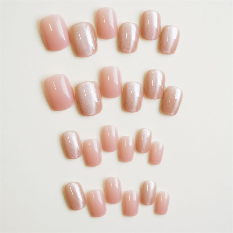 Nude Color Cat Eye False Nail Short Square Press on Nails for Nail Art 24pcs