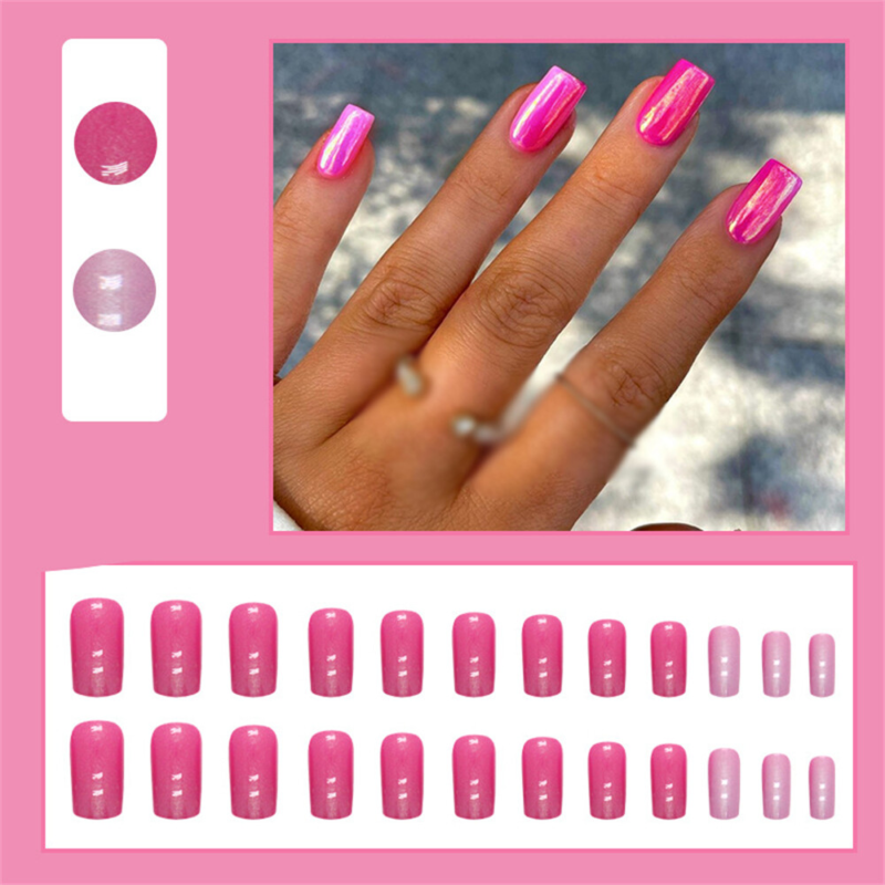 Stylish Pink Aurora Fake Nail Medium Square Press on Nails for Nail Art 24pcs