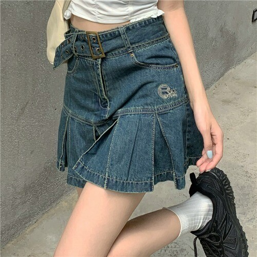 Kawaii Girl Hot sweet DenimSkirt Pleated Casual High Waist A Word Short Skirt