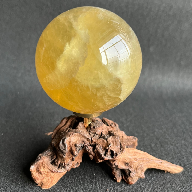 299G Natural yellow fluorite quartz crystal ball sphere healing + Stand
