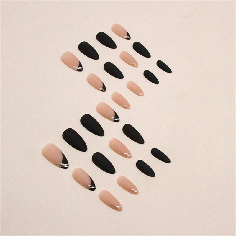 Cool Black French False Nail Short Almond Press on Nails for Nail Art 24pcs