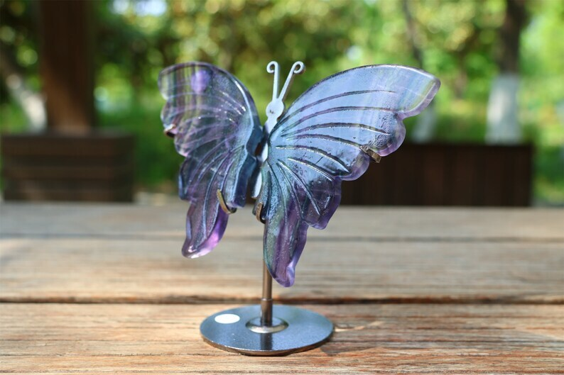 5.2'' A pair Natural Fluorite Butterfly Wing Reiki Crystal Skull Decor + Stand