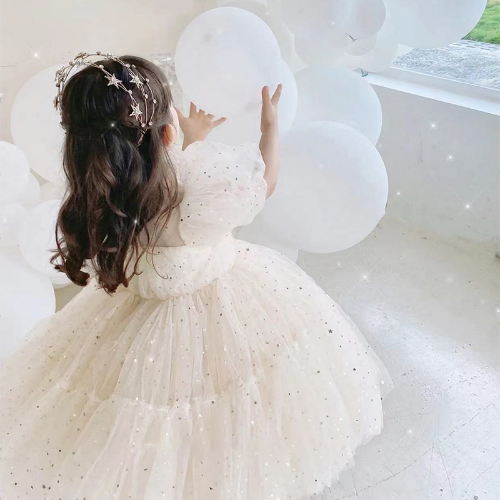 Baby Champagne Baptism Dress Cute Girl Sequin Puff Sleeve Fairy 1 Year Birthday