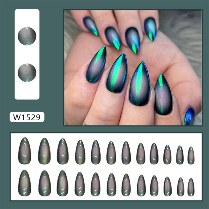 Almond Short False Nail Laser Mirror Glossy Press on Nails for Nail Art 24pcs